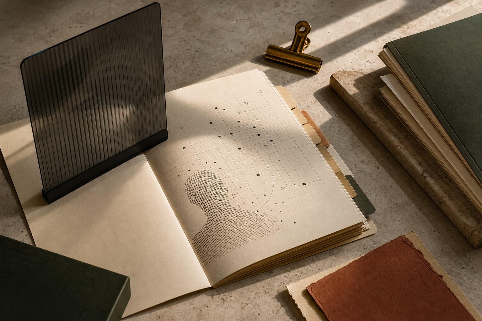 Expediente de privacidad con un mapa abstracto de flujos de datos sobre una mesa de trabajo