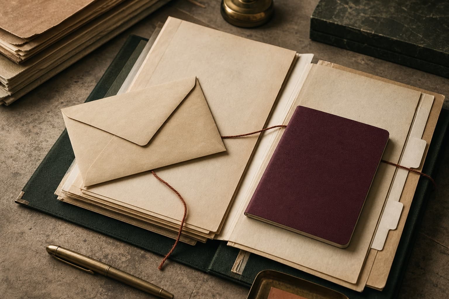 Expediente migratorio con documentos, sobre y libreta de viaje sin marcas